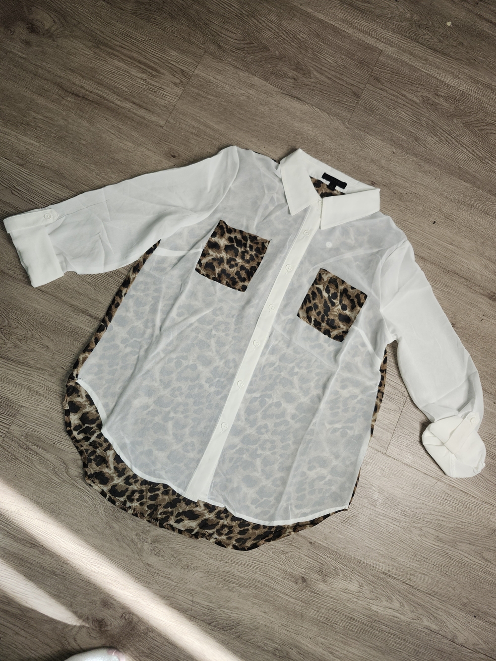 mine Sheer White Blouse with Leopard Trim